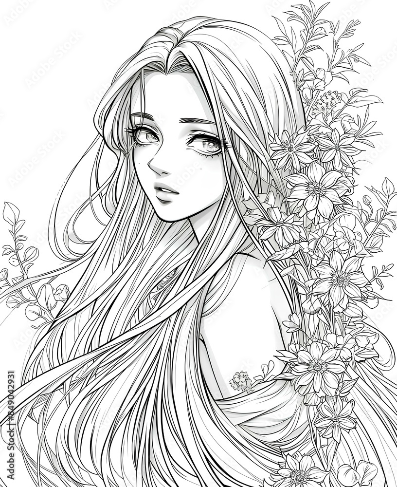 Fototapeta premium Coloring sheet anime princess.