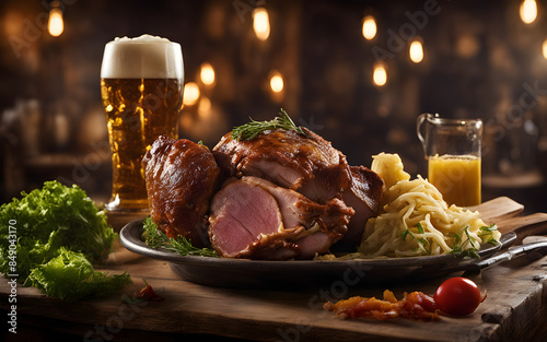 German eisbein, pork knuckle, sauerkraut, mustard, traditional stein, pub atmosphere
