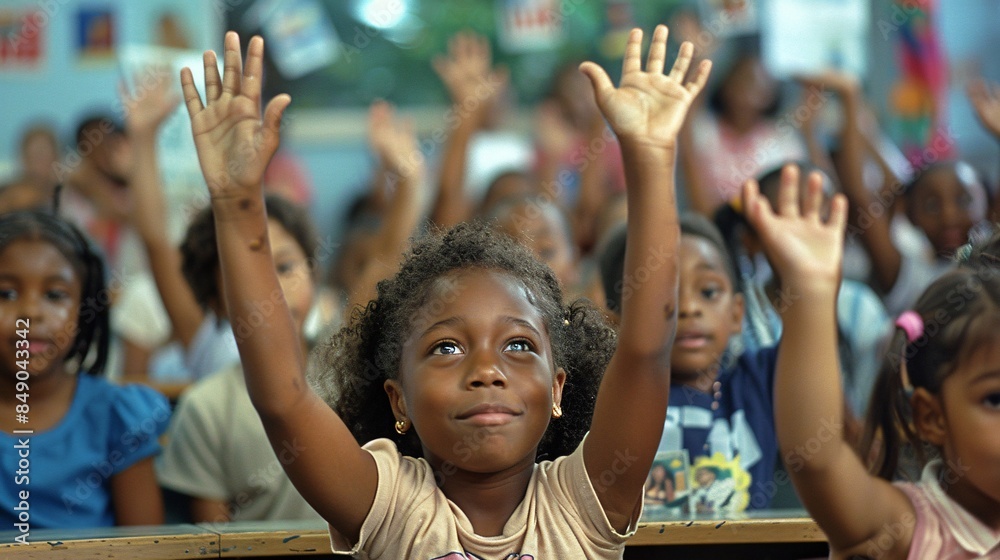 Fototapeta premium A classroom of students eagerly raising their hands to read, showcasing enthusiasm for literacy