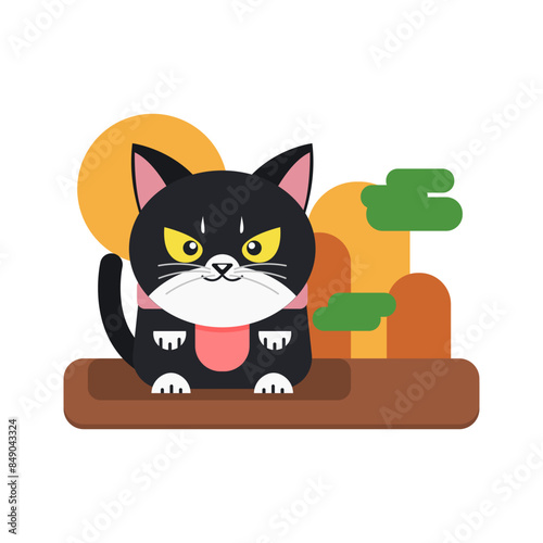 Cute Black Cat Flat Illustration with yellow eyes. Black Cute and Funny Cat in Front View