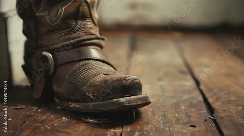 A cowboy boot is photographed up close on a wooden floor. The boot is old and worn, with a hole in the toe.