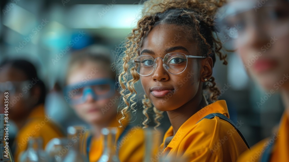 Woman in lab goggles attentively looks ahead in a science lab, with classmates blurred in the background Woman in lab goggles attentively looks ahead in a science lab, with classmates blurred in the background