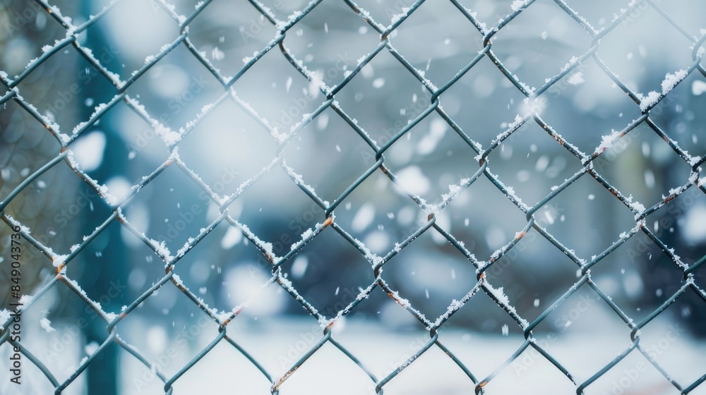 Fototapeta premium Metal mesh fence with snow in the background