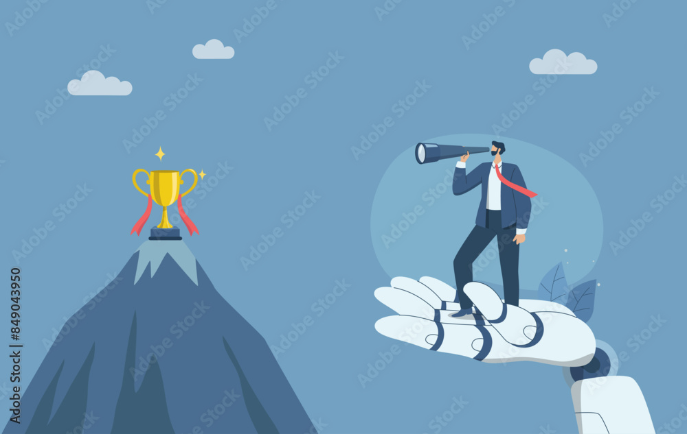 Business leader working with artificial intelligence, Developing company growth with the support of AI, Businessman standing with telescope on robot hand looking at trophy. Vector illustration.