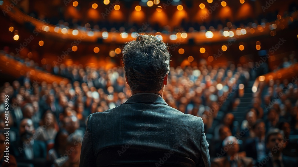Fototapeta premium A speaker with a blurred face facing a large crowd in an auditorium, evoking leadership and public speaking