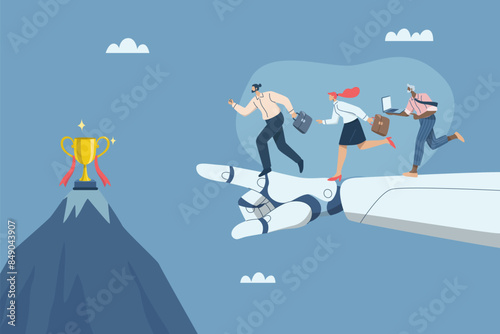 Setting goals to develop the company's growth with the support of AI, Working with artificial intelligence, New innovation concept, Businessman running on robot hands guiding towards set goals.