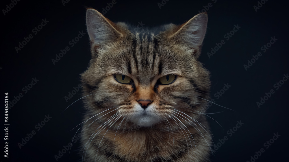 Close-up of a stern-looking cat with sharp eyes and striped fur, set against a dark background, showcasing its intense expression. Close-up of a stern-looking cat with sharp eyes and striped fur, set against a dark background, showcasing its intense expression.