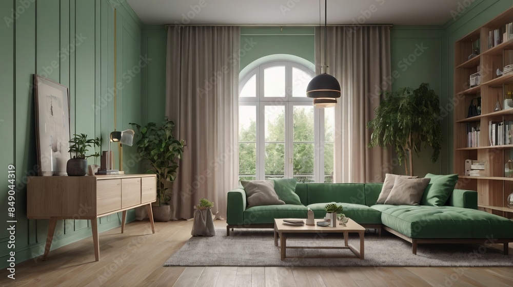 Fototapeta premium Modern living room with green sofa and abstract painting