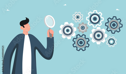 Leadership skills in finding solution to problem, creative ways out of business problems, analysis or optimization of work, technical support or service in unforeseen situation, man examines mechanism