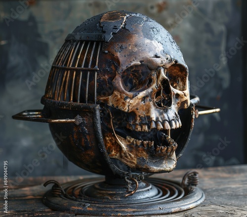 A human skull, encased in a cage, sits on a weathered wooden platform.  The skull's open mouth and exposed teeth create an eerie and unsettling atmosphere. photo