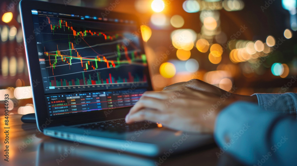 Focused on financial chart analysis on laptop Focused on financial chart analysis on laptop