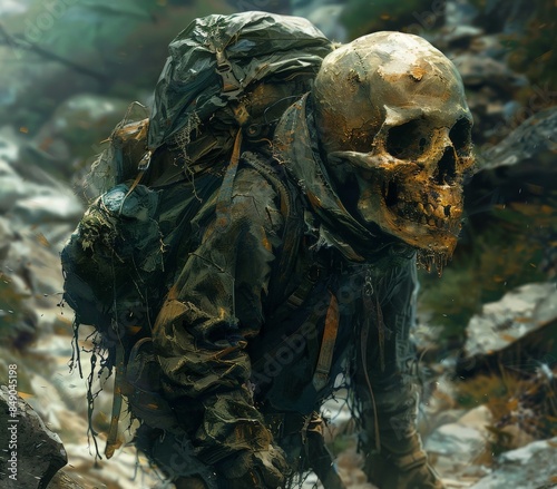 A skeletal figure with a backpack walks through a rocky, green forest.  The figure appears to be decayed and weathered. photo