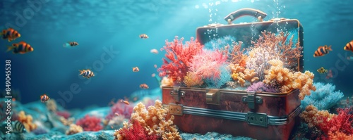 A sunken treasure chest rests on the ocean floor, surrounded by colorful coral and fish. photo