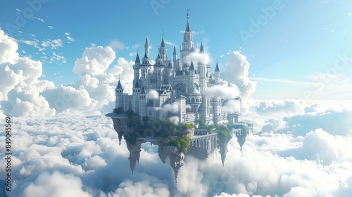 A majestic castle floats among the clouds, its spires and towers reaching for the sky. © Nijat