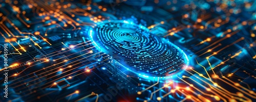 Abstract digital fingerprint with glowing lines.