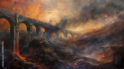 oil painting, impressionist realism, smoke, final battle, there are big cracks in the hills, lava is flowing photo