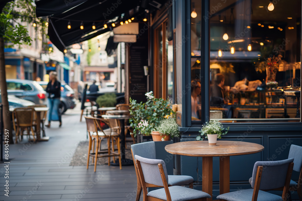 Cozy outdoor cafe with table and chairs on a city street in the evening. Urban restaurant setting with comfortable seating and a relaxed ambiance, perfect for dining or enjoying coffee Cozy outdoor cafe with table and chairs on a city street in the evening. Urban restaurant setting with comfortable seating and a relaxed ambiance, perfect for dining or enjoying coffee