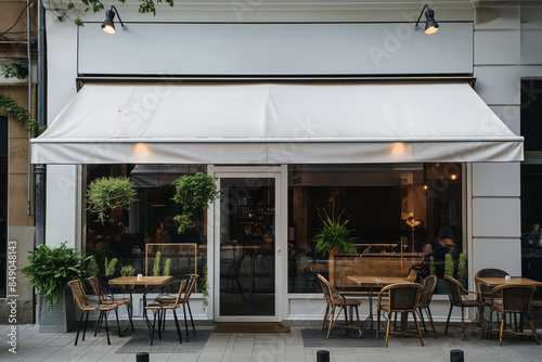 Outdoor seating of a modern cafe with white awning and plants. The cafe storefront features chairs and tables arranged on the sidewalk, creating a cozy and inviting atmosphere in an urban setting.