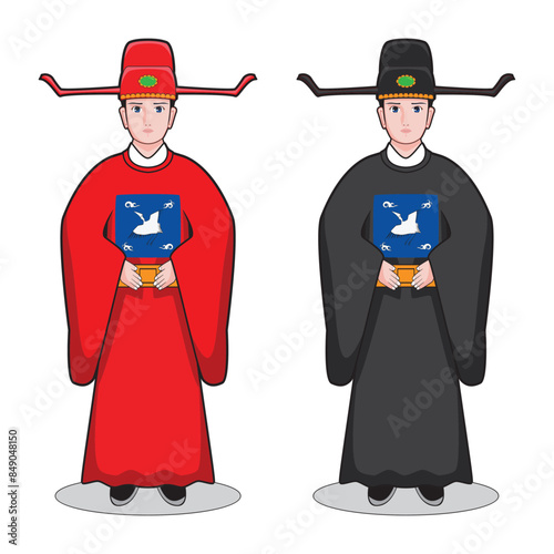 Cute smart man ancient Chinese offical in Ming or Qing dynasty cosplay or costume in red and black  color uniform with hat drawing in colorful cartoon vector
