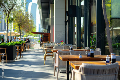 Outdoor city cafe with modern seating, tables, and umbrellas along a bustling sidewalk. Featuring greenery, glass windows, and a vibrant, sunny atmosphere where people enjoy dining and relaxing photo