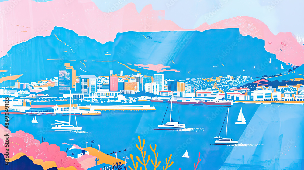 Fototapeta premium Risograph print travel poster, card, wallpaper or banner illustration, modern, isolated, clear and simple of Cape Town South Africa. Artistic, stylistic, screen printing, stencil digital duplication