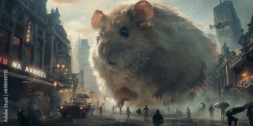 giant hamster cute but dangerous mutant monster invade metropolis city, people on street photo