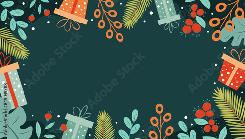Christmas background with fir branches, gifts, twigs and berries on dark green background. Copy space.