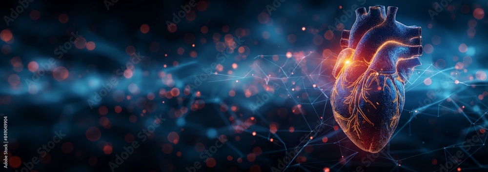futuristic medical health care background, heart with light glow on biological cell and nerve connection 