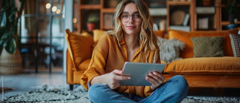 Woman using tablet while sitting on a couch. Woman using tablet while sitting on a couch.