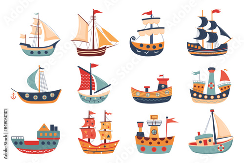 Set of cute ships, boats, yacht and sailing vessel. Nursery art scandinavian style. Childish ship collection. Marine transport clipart. Nautical theme.