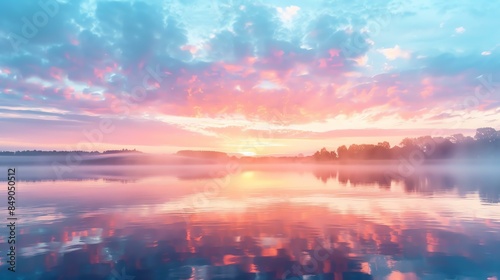 Amazing colorful sunset over calm lake. Pink, blue and violet colors of sky and their reflection on water surface. © Nijat