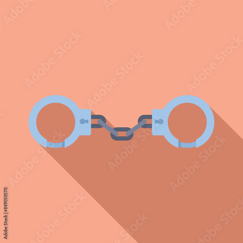 Steel handcuffs connected by metal chain lying on pink background