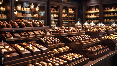 an illustration of a gourmet chocolate shop with decadent chocolates arranged in elegant displays.