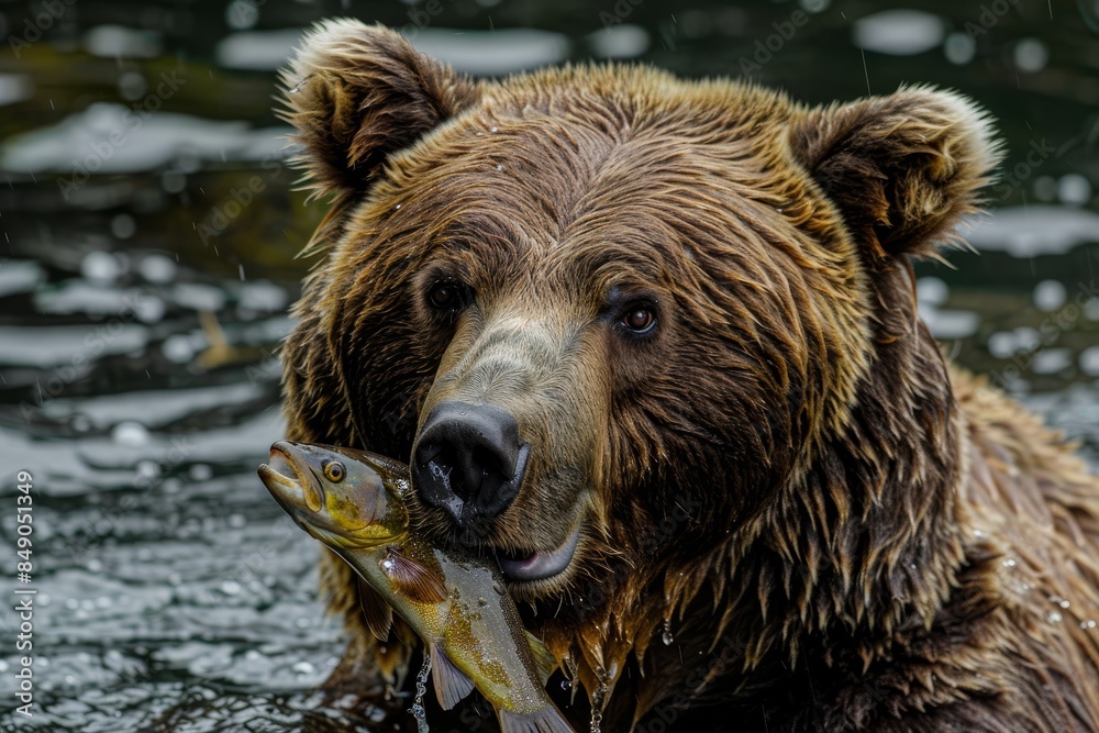 Close Encounter: Brown Bear Clutching a Freshly Caught Fish in the Wild Close Encounter: Brown Bear Clutching a Freshly Caught Fish in the Wild