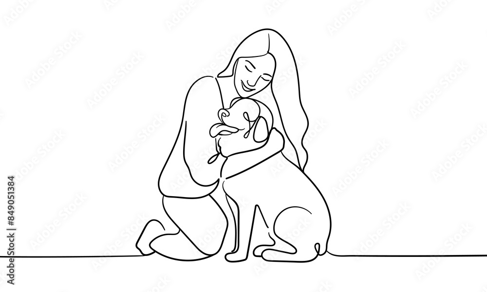Girl hugging her dog continuous line art drawing isolated on white background. Vector illustration Girl hugging her dog continuous line art drawing isolated on white background. Vector illustration