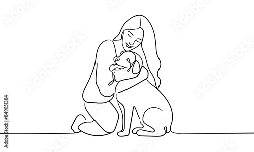 Girl hugging her dog continuous line art drawing isolated on white background. Vector illustration