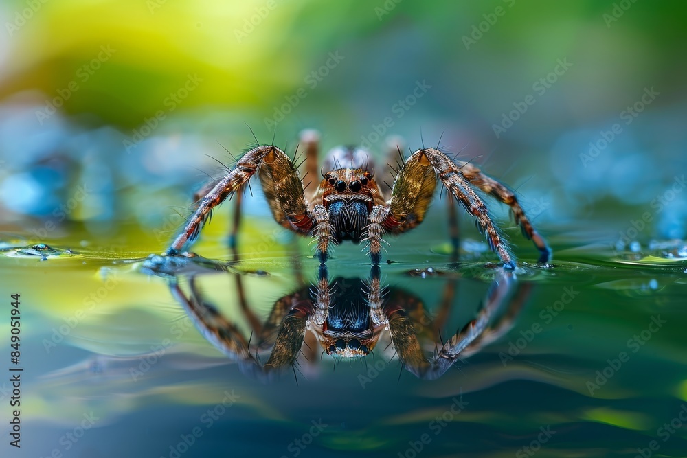 Mirror Image: Intricate Spider Reflected on Water Surface Mirror Image: Intricate Spider Reflected on Water Surface