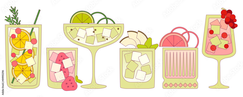 Set of glass cocktails for the bar. Vector flat illustration with contour. Fruit and drinks for the summer. Alcohol and non-alcoholic drinks for the bar. Cooling liquid Set of glass cocktails for the bar. Vector flat illustration with contour. Fruit and drinks for the summer. Alcohol and non-alcoholic drinks for the bar. Cooling liquid