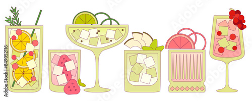 Set of glass cocktails for the bar. Vector flat illustration with contour. Fruit and drinks for the summer. Alcohol and non-alcoholic drinks for the bar. Cooling liquid