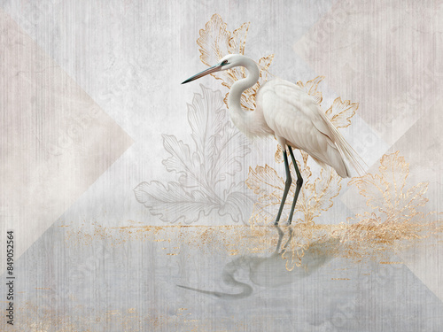 White heron on on a light background with rose golden elements. Illustration for wallpaper, poster, card, decoration.