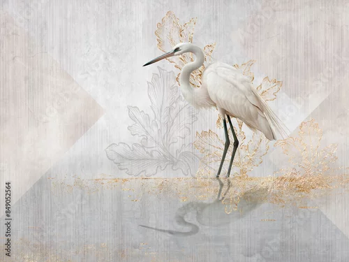 Obraz White heron on on a light background with rose golden elements. Illustration for wallpaper, poster, card, decoration.