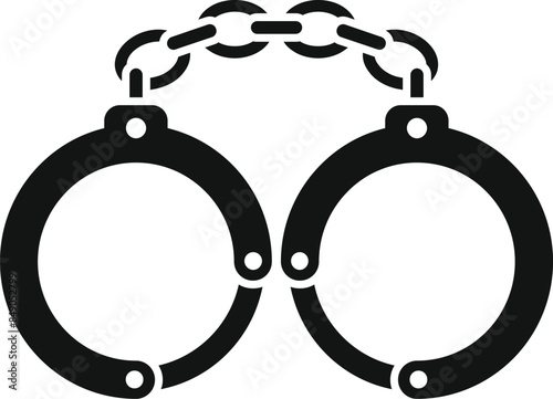 Black metal handcuffs connected with chain for detaining criminals in police custody