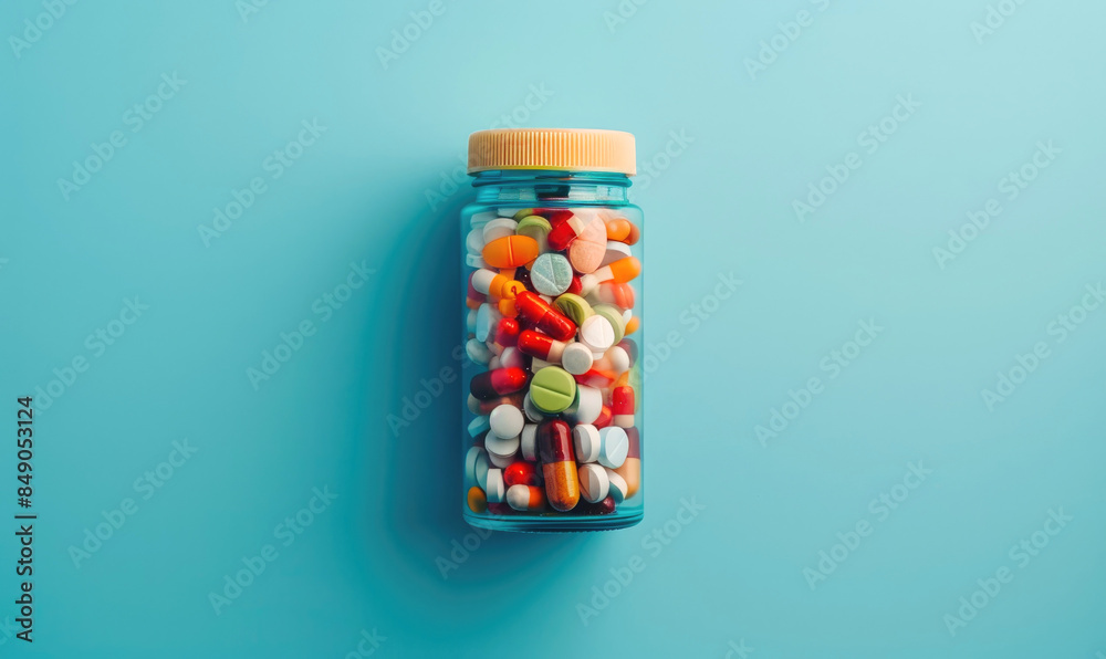 A pill bottle with variety of pharmaceutical pills. Different colors and shapes A pill bottle with variety of pharmaceutical pills. Different colors and shapes