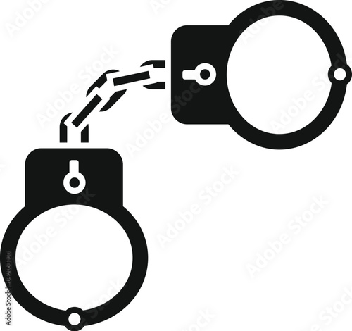 Black metal handcuffs are locked and secured with a chain, representing restraint