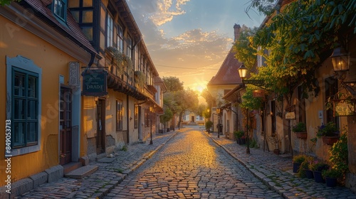 Cobblestone street in a charming village at sunset photo