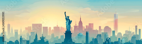 Liberty Statue City Silhouette in New York with bright sky color blue and white in background photo