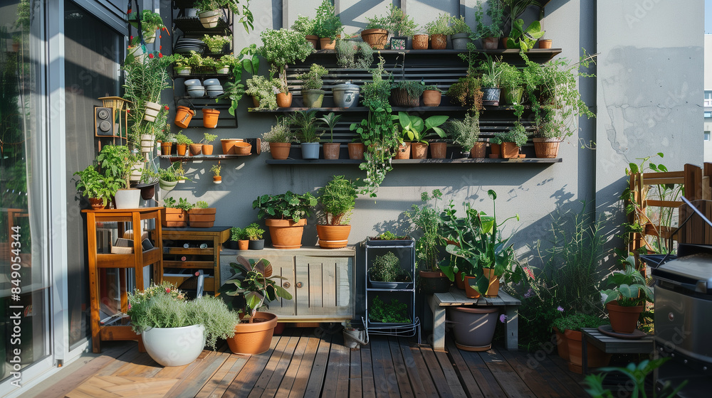 A garden with many potted plants and a wooden deck. The plants are arranged in various sizes and heights, creating a lush and vibrant atmosphere. The deck is a focal point of the garden