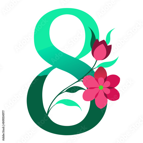 green number 8 adorned with pink flowers, suitable for various design and decorative projects.