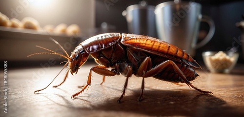 Conceptual close-up of a cockroach that invades polluted rooms, transmits pathogens and multiplies very quickly