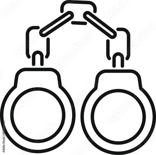 Pair of metal handcuffs for arresting criminals is connected by chain, law and order concept